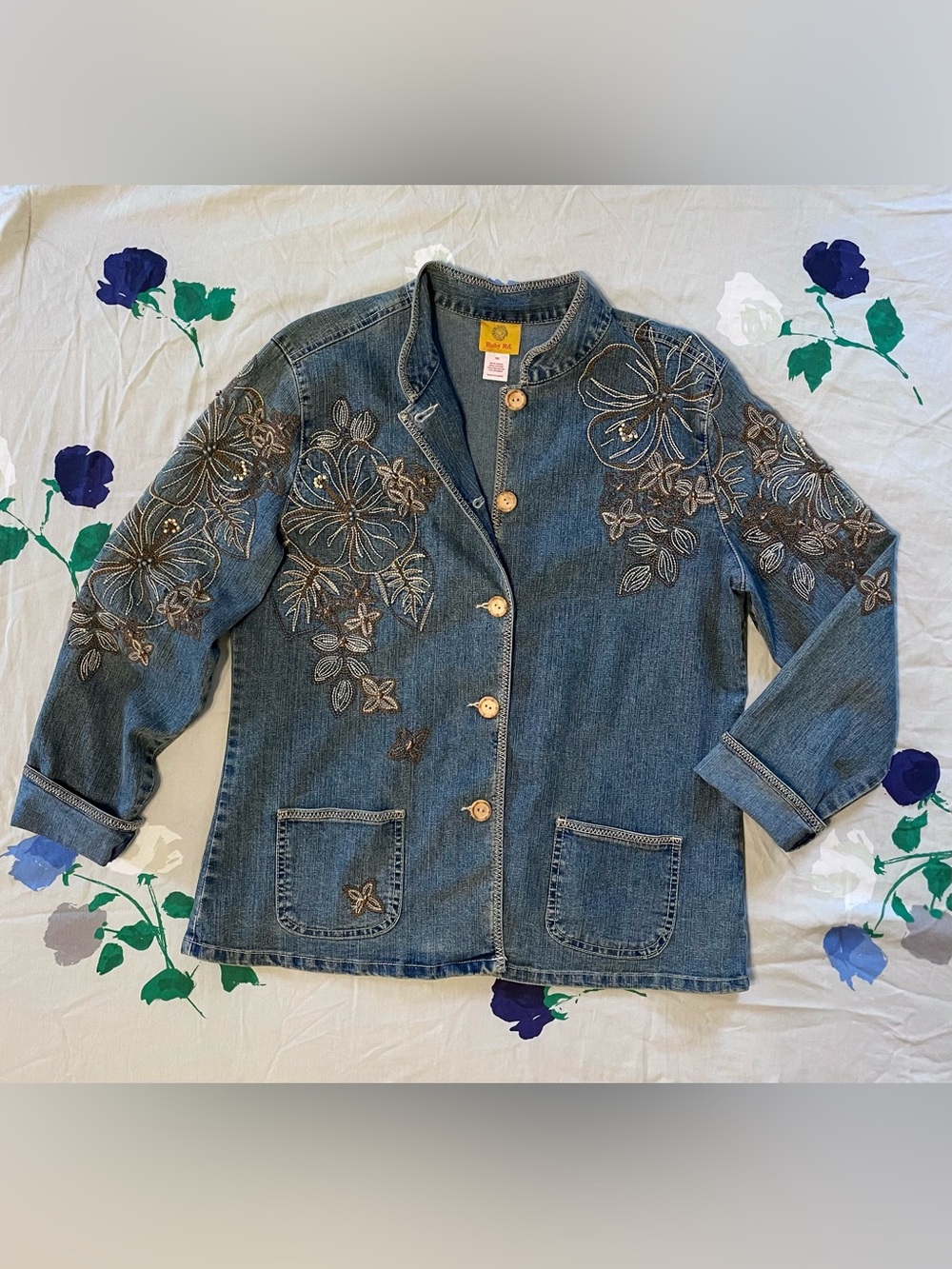 Ruby Rd. Floral Embroidered Denim Jacket - Blue - Picture 1 of 8
